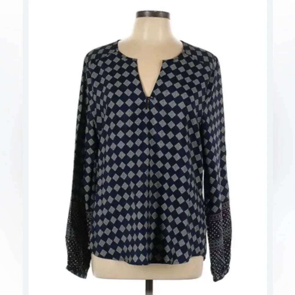 Harve Bernard Navy Blue and Tan Women’s Blouse Size Large